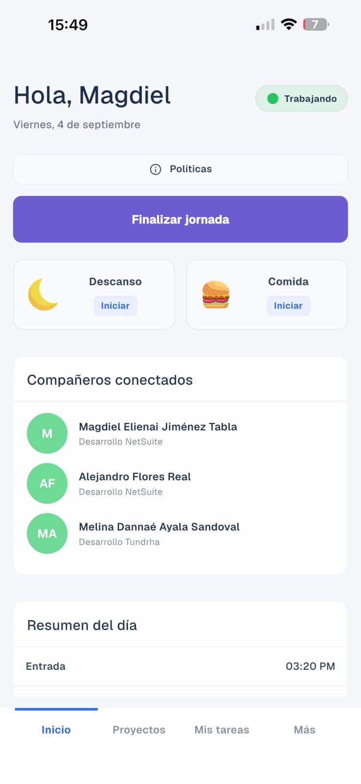 App móvil de Tundrha mostrando el panel de tareas